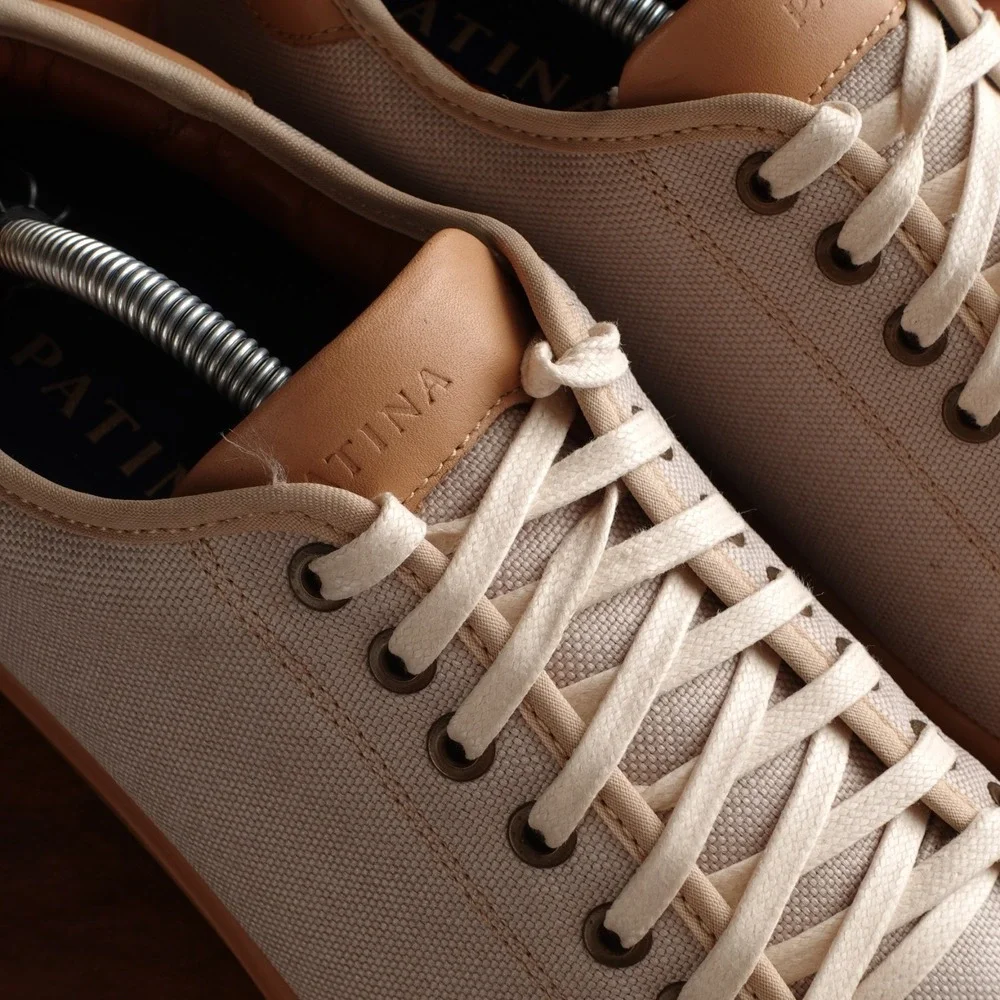 Patina Sneakers Mens SZ 8.5 Beige Portland Leather Canvas Lifestyle Modern Shoes